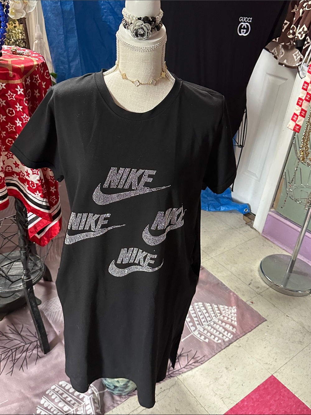 Nike Black Tee Dress with Rhinestone Logo Cluster